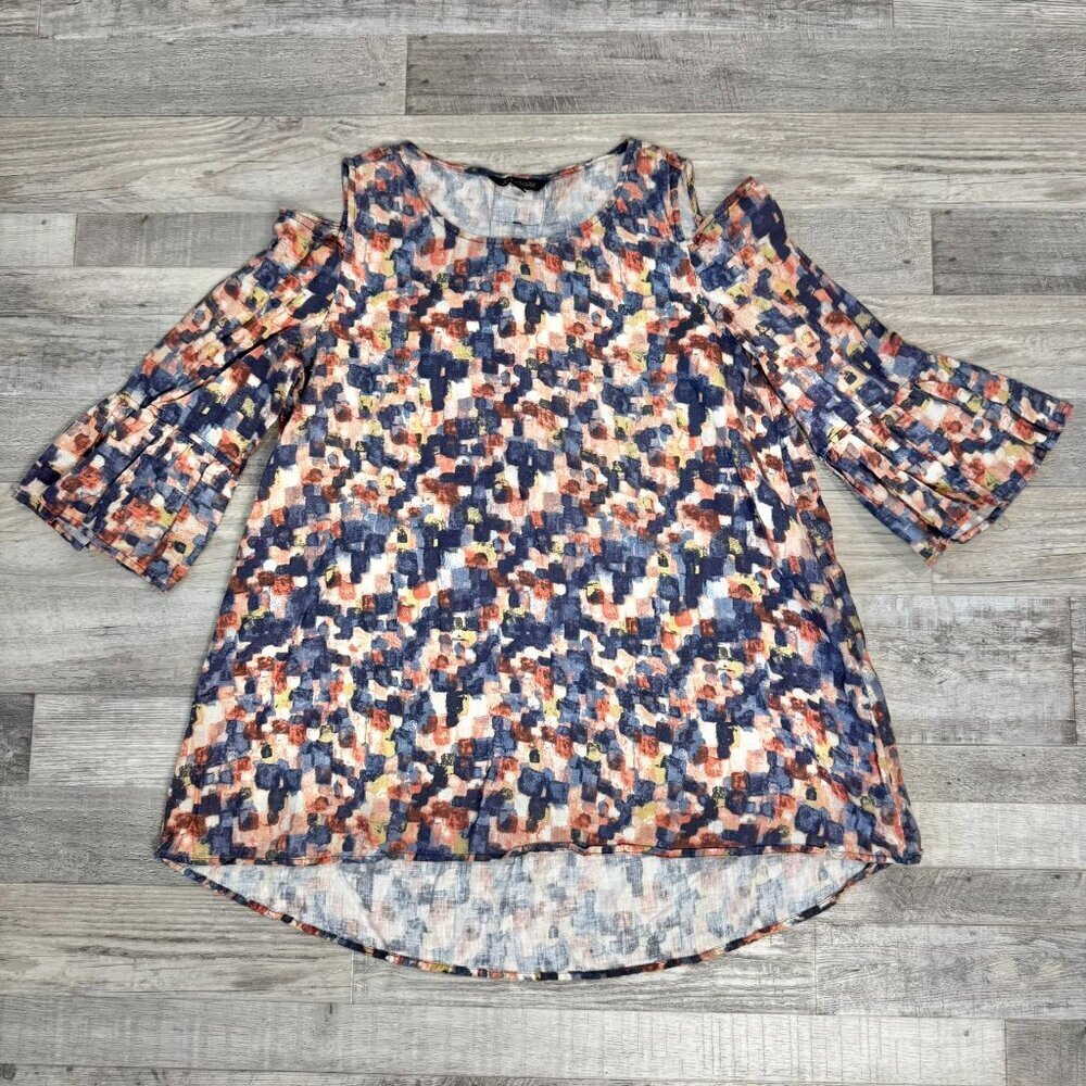 John Mark Linen Pink Blue Pattern Cold Shoulder 3/4 Sleeve Top B13